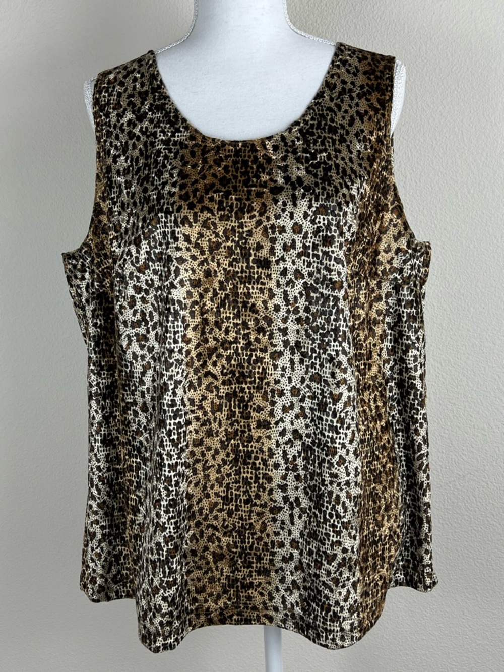 Y2K Leopard Print Tank Top Sleeveless Brown Velour Animal Print Made USA Size L
